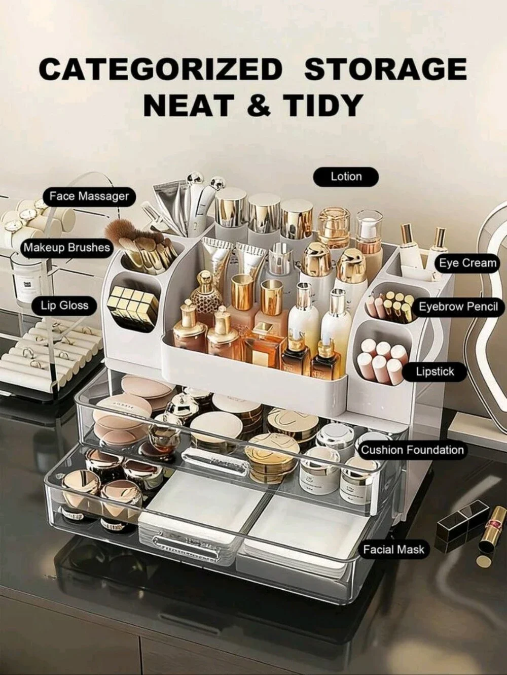White Makeup Organizer Storage Drawer with Clear Front
